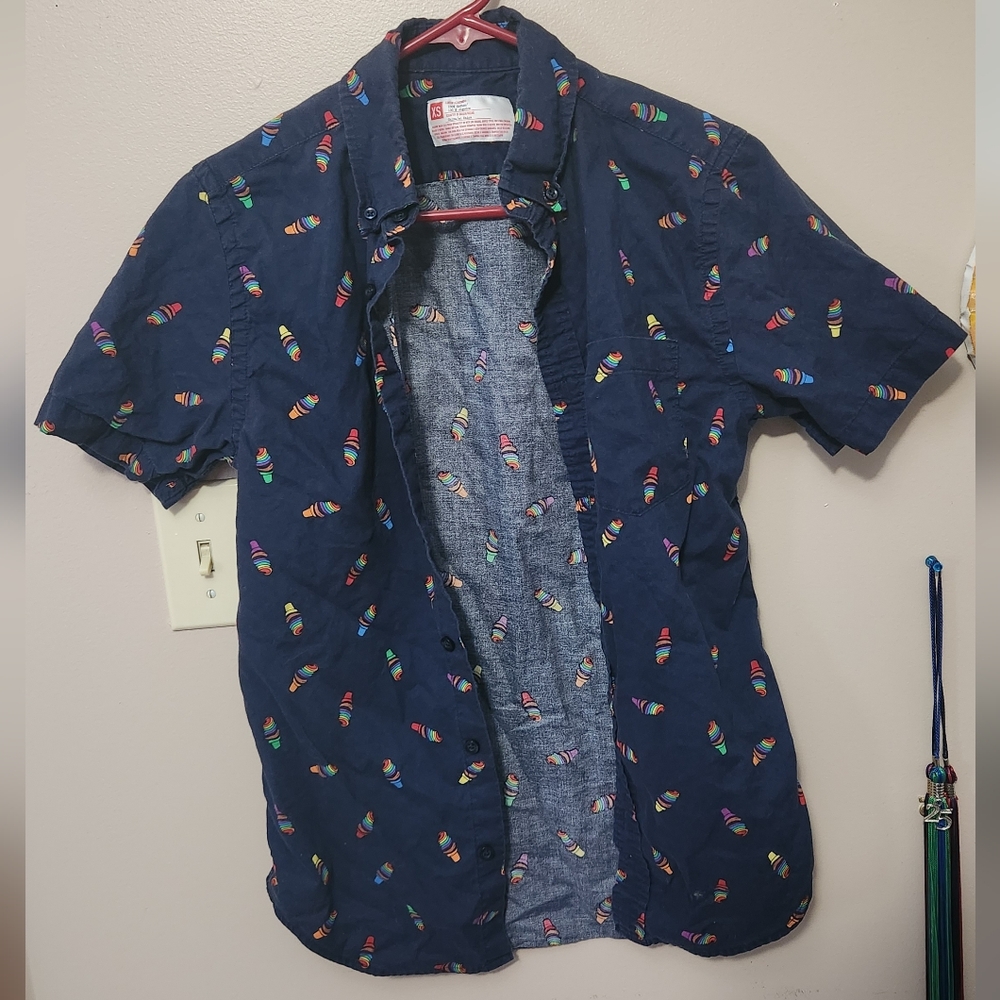 Navy Button Up Shirt With Rainhow Ice Cream Print